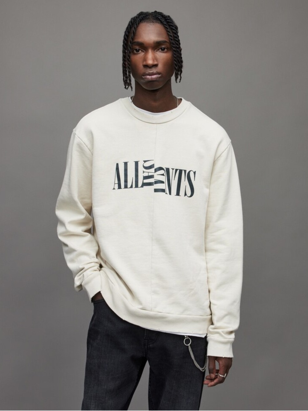 All Saints Cream Split Graphic Logo Crewneck